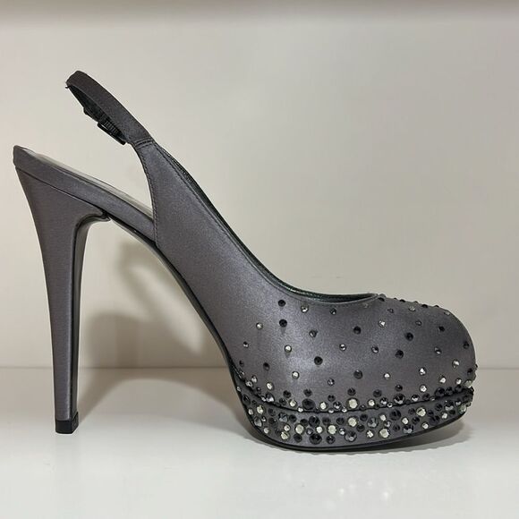 Stuart Weitzman Gray Satin With Silver & Black Rhinestone Platform Heels - Picture 5 of 7